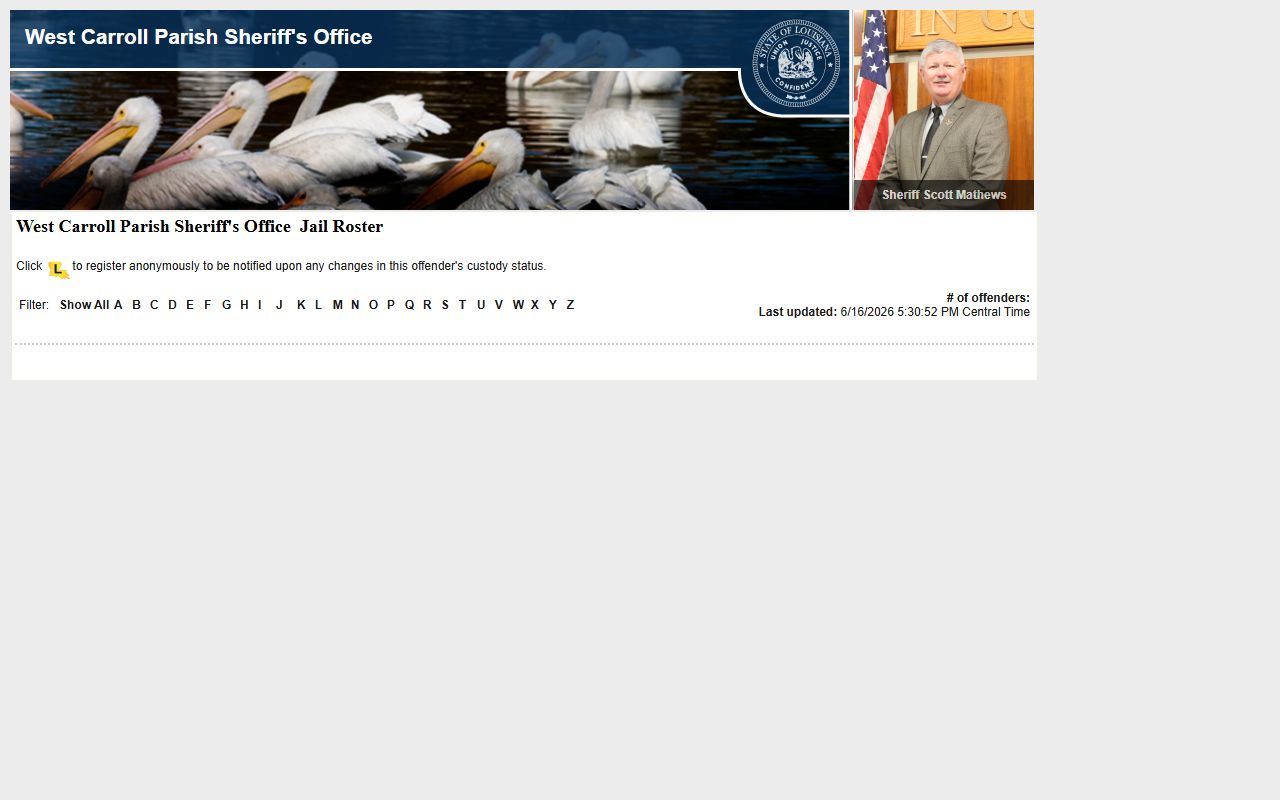 West Carroll Parish jail roster controls for booking photos and custody records